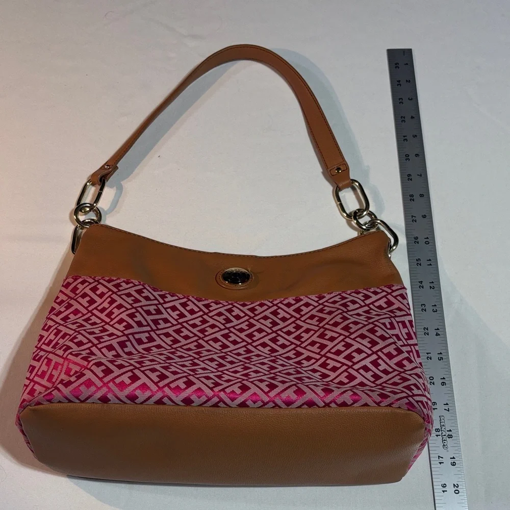 Tommy Hilfiger Monogram Shoulder Bag Hobo Tote Pink & White